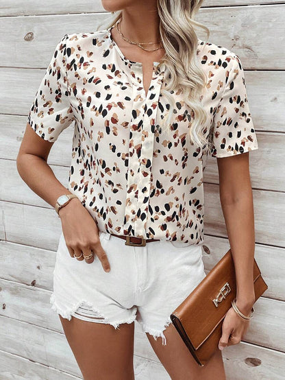 Uvercee Spotted Split V-Neck Short Sleeve Top