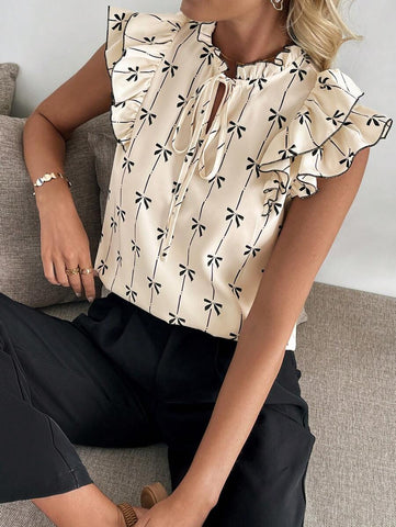 Uvercee Elegant Bow-Print Ruffled Top