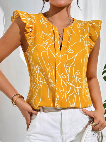 Uvercee Mustard Abstract Print Ruffled Sleeves Top
