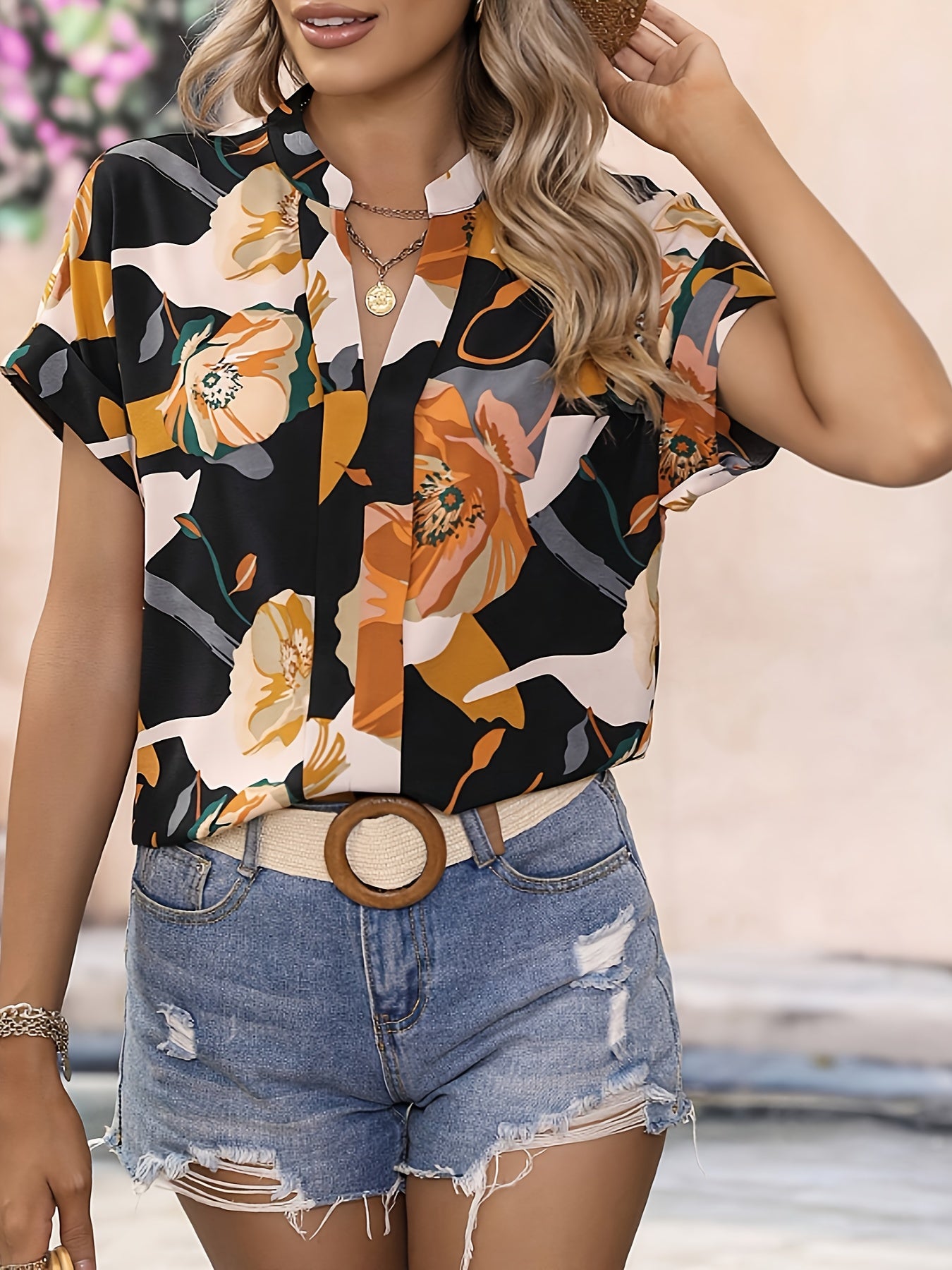 Uvercee Black Abstract Floral Short Sleeve Top - Uvercee