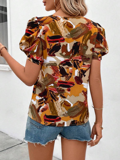 Uvercee Chic Abstract Print Puff Sleeve Top