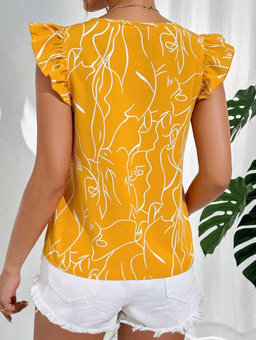 Uvercee Mustard Abstract Print Ruffled Sleeves Top