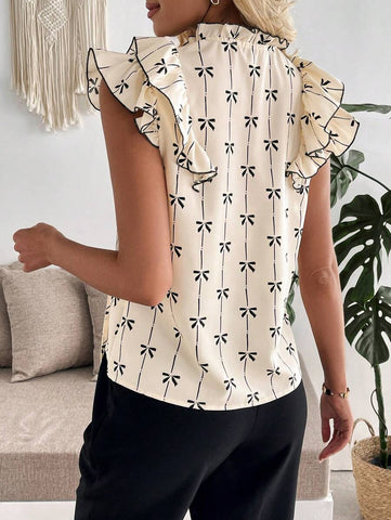 Uvercee Elegant Bow-Print Ruffled Top