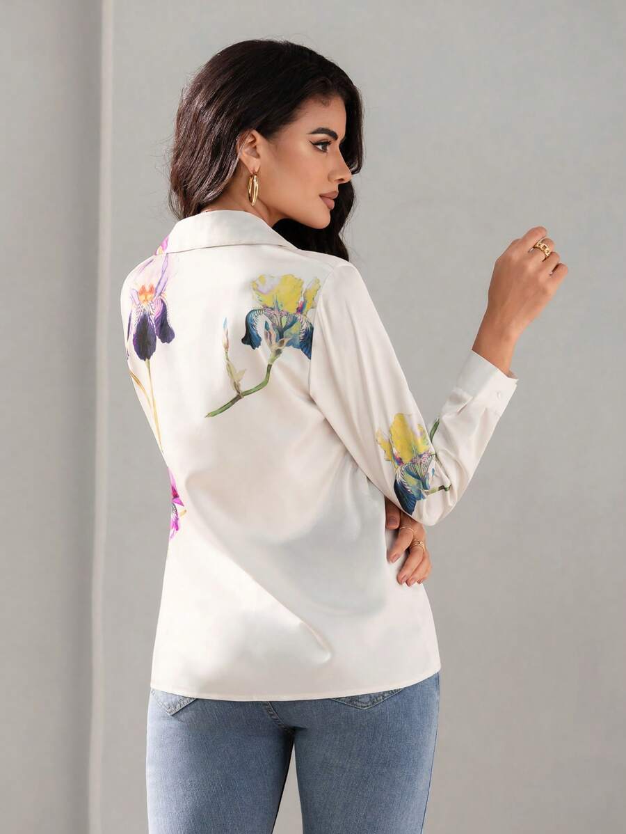 Floral Button-Down Elegant Women's Long Sleeve Shirt | Uvercee