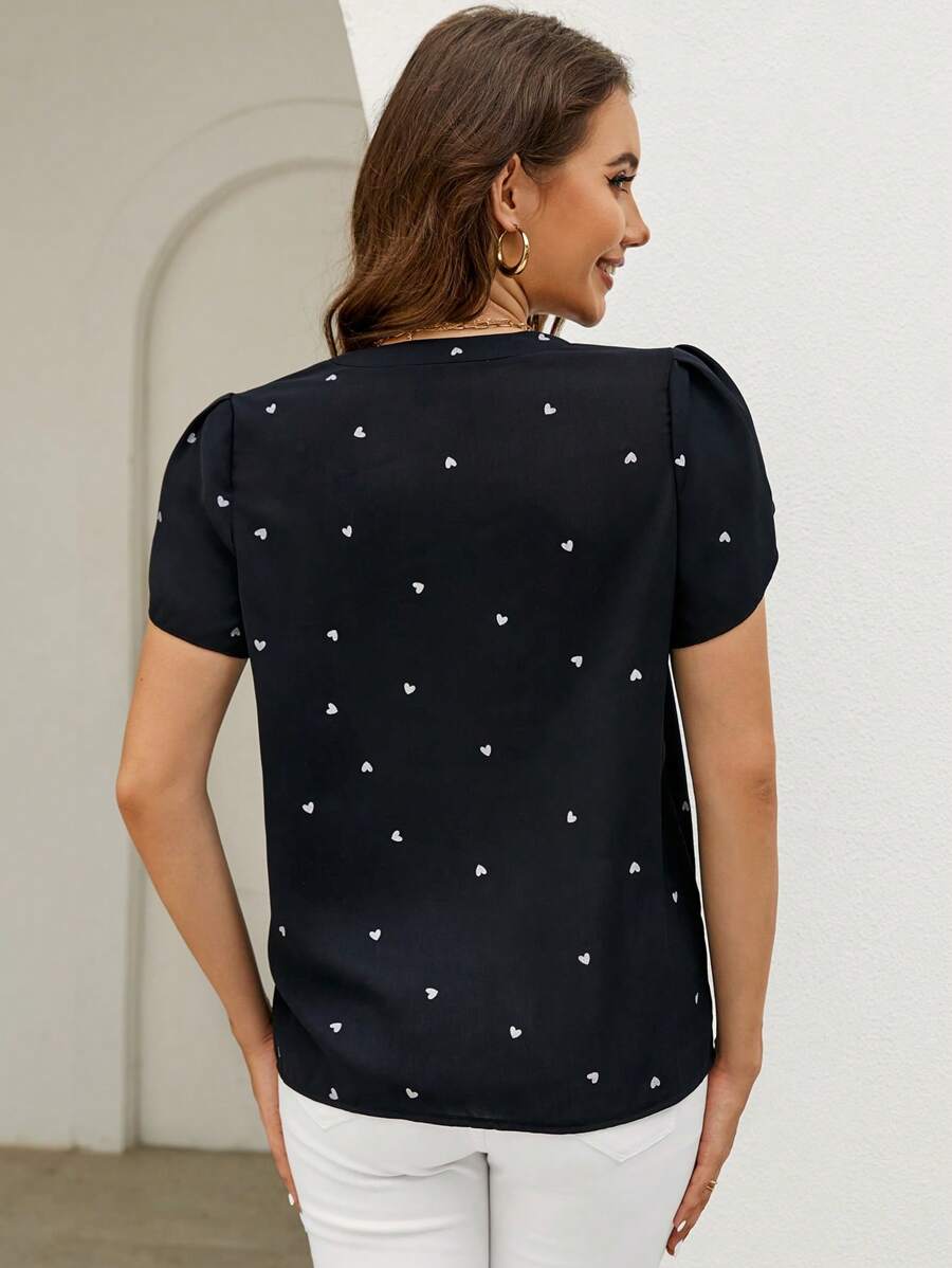 Uvercee Black Heart Print Puff Sleeve Top