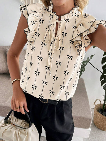Uvercee Elegant Bow-Print Ruffled Top
