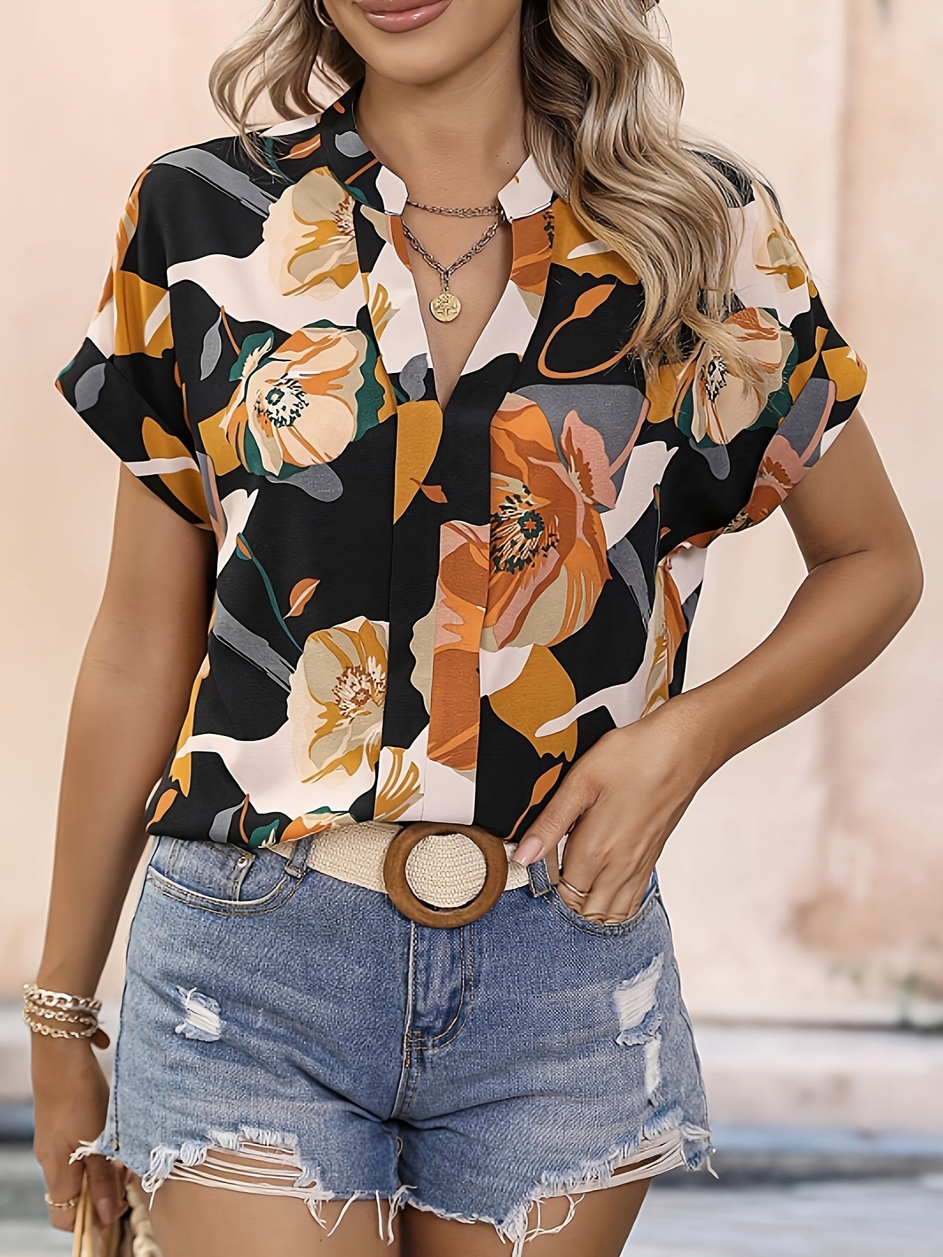 Uvercee Black Abstract Floral Short Sleeve Top - Uvercee