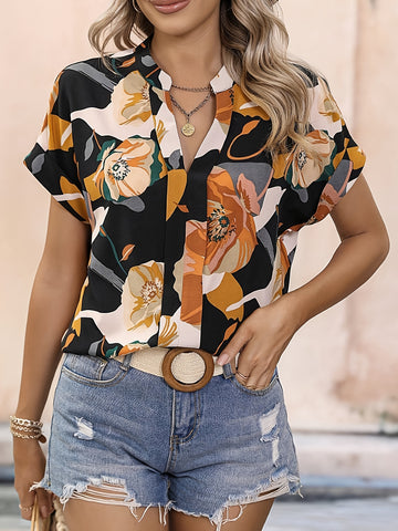 Uvercee Black Abstract Floral Short Sleeve Top