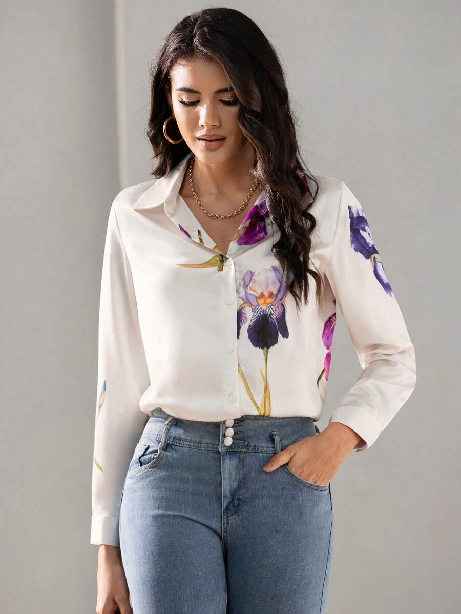 Floral Button-Down Elegant Women's Long Sleeve Shirt | Uvercee