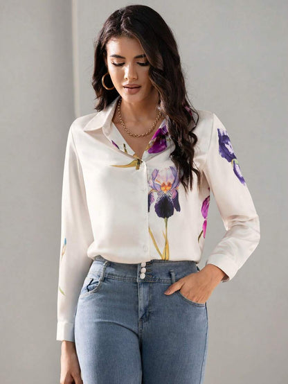 Floral Button-Down Elegant Women's Long Sleeve Shirt | Uvercee