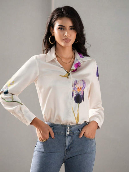 Floral Button-Down Elegant Women's Long Sleeve Shirt | Uvercee
