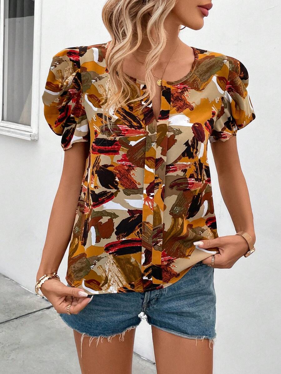 Uvercee Chic Abstract Print Puff Sleeve Top