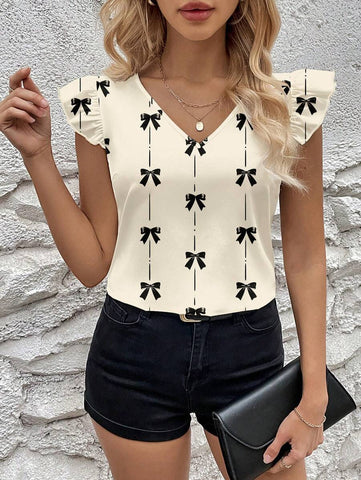 Uvercee Chic Bow-Print V-Neck Top