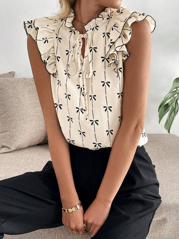 Uvercee Elegant Bow-Print Ruffled Top