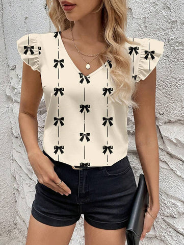 Uvercee Chic Bow-Print V-Neck Top