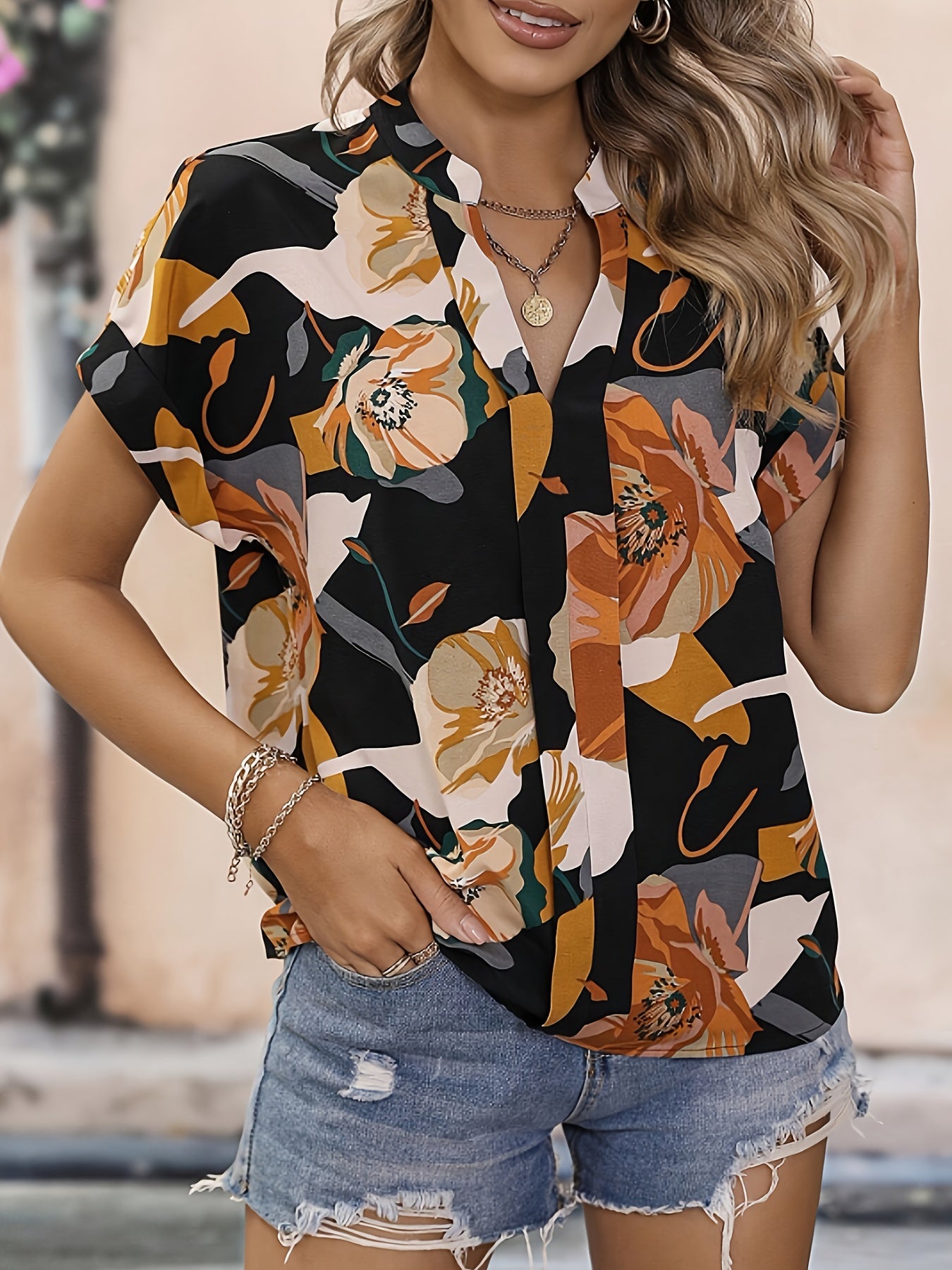 Uvercee Black Abstract Floral Short Sleeve Top - Uvercee