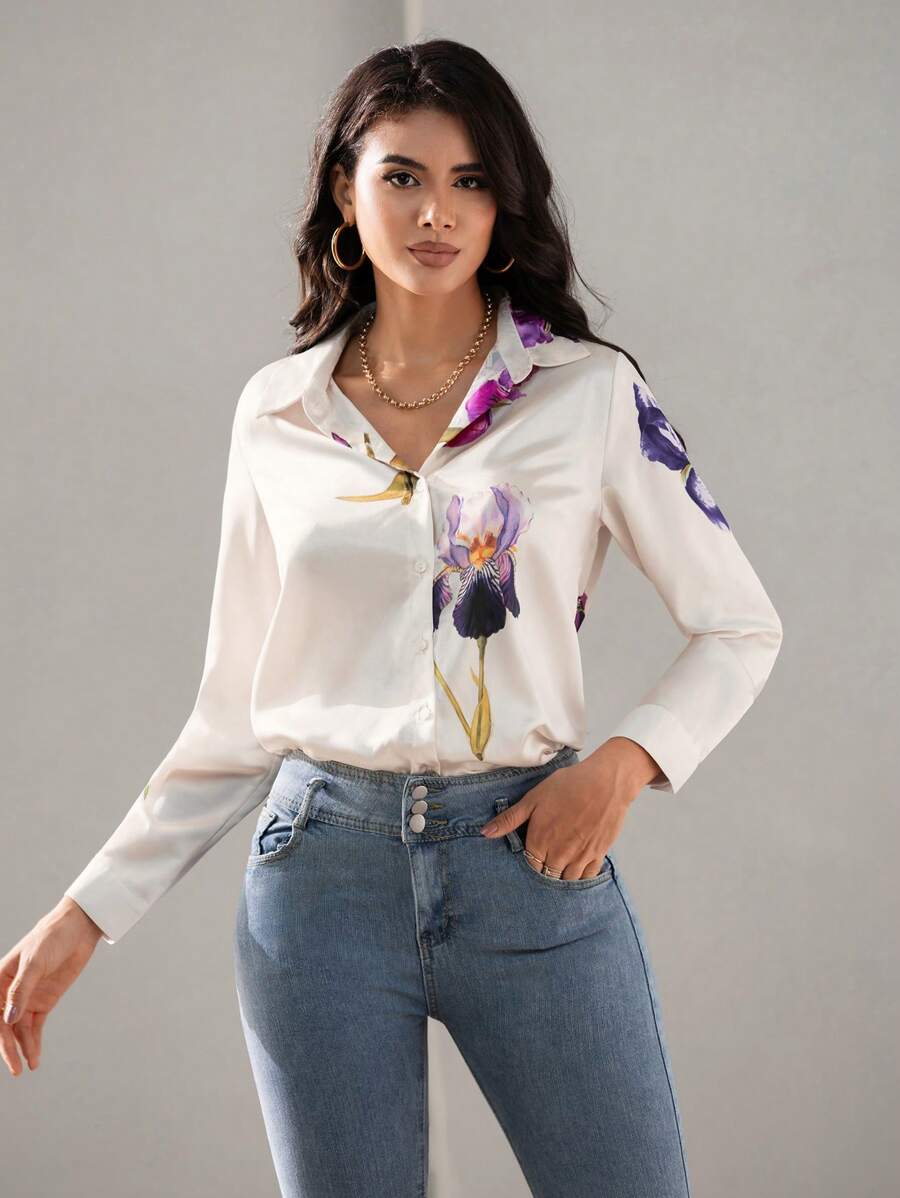 Floral Button-Down Elegant Women's Long Sleeve Shirt | Uvercee