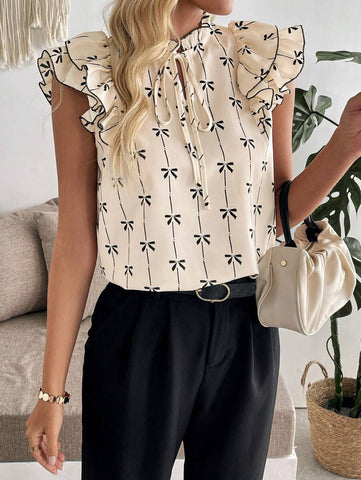 Uvercee Elegant Bow-Print Ruffled Top