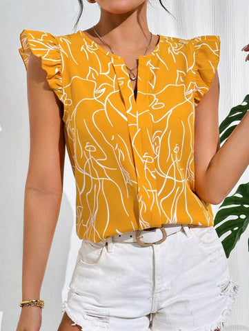 Uvercee Mustard Abstract Print Ruffled Sleeves Top