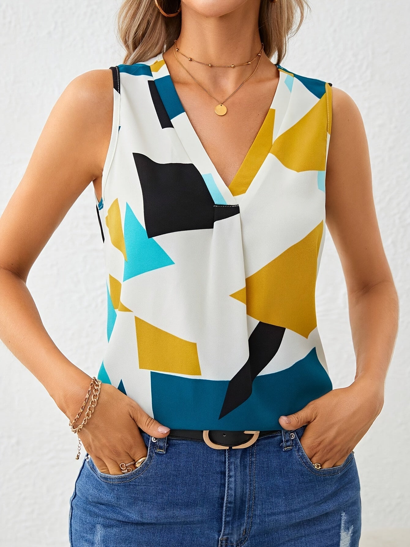 Uvercee Abstract Geometric Print V-Neck Top