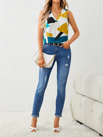 Uvercee Abstract Geometric Print V-Neck Top