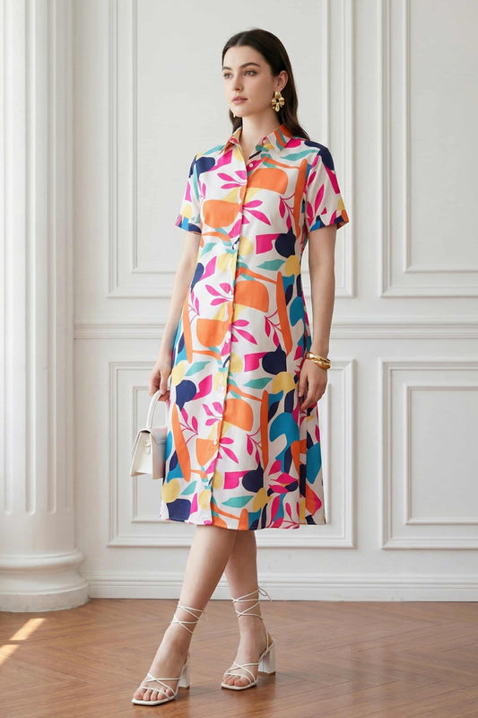 Multicolor Abstract Print Shirt Dress | Casual Mid-Length Button-Down Dress